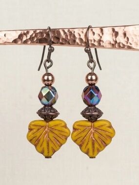 Hand Crafted Boho Czech Glass Yellow Leaf Drop Earrings Antique Copper NWT